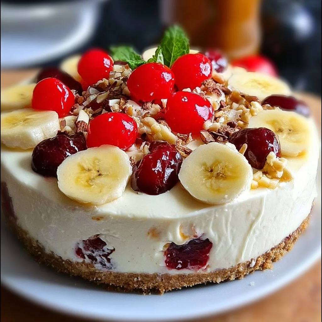 Chilled banana split cheesecake topped with whipped cream and cherries