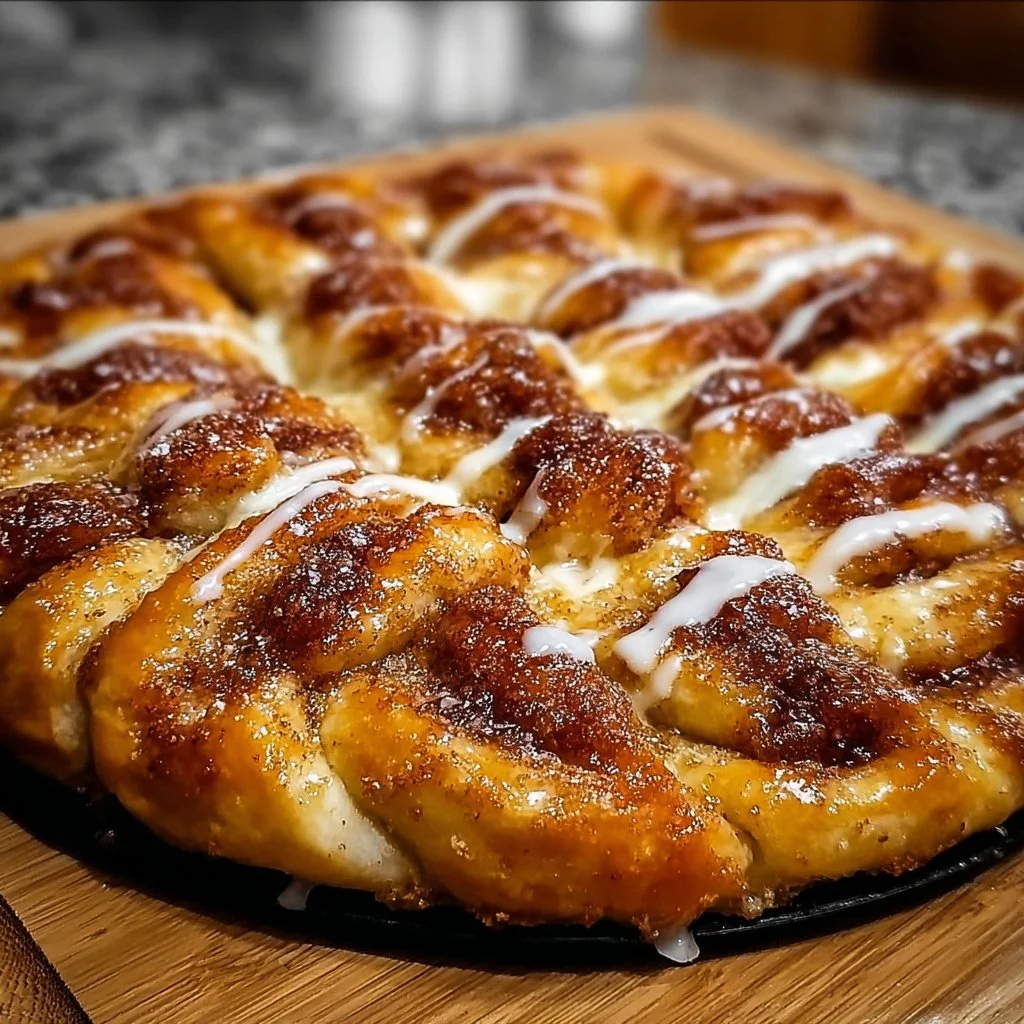 Cinnamon sugar crescent roll pizza garnished with a sprinkle of cinnamon and sugar.