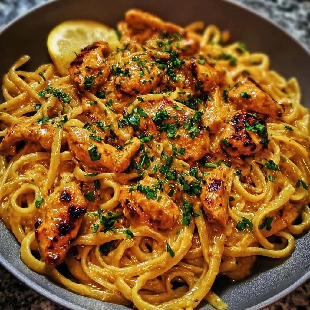 A delicious Cowboy Butter Chicken Linguine topped with fresh herbs and spices.