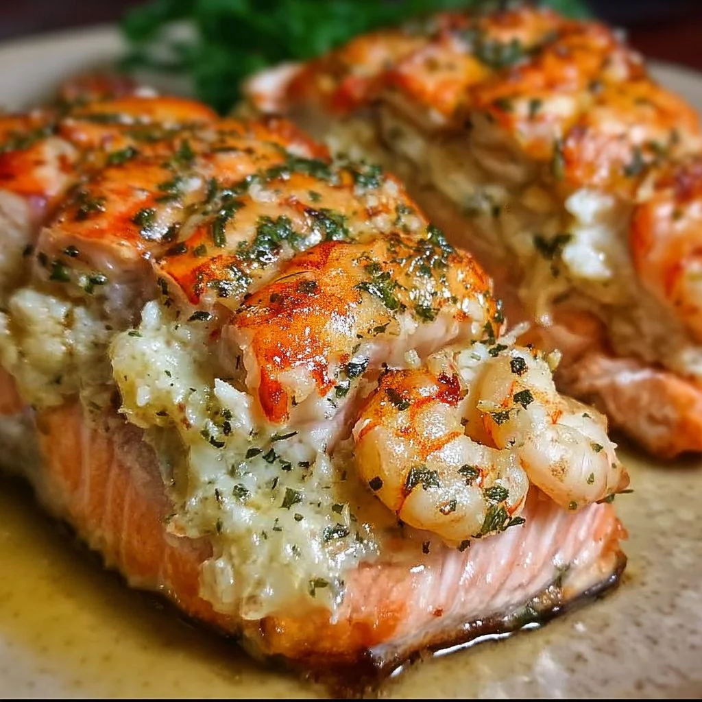 Crab and shrimp stuffed salmon recipe served on a plate