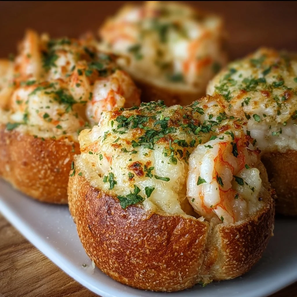Crabby Shrimp Garlic Bread Bombs on a wooden platter