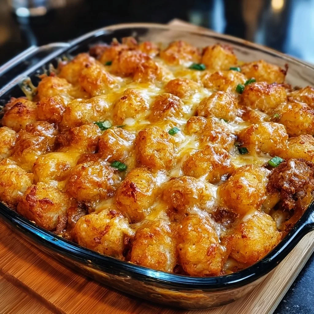 Cracked Out Chicken Tater Tot Casserole topped with cheese and crispy tater tots