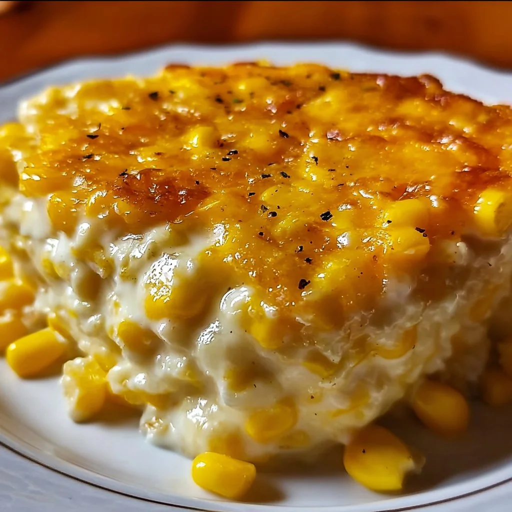 Cream Cheese Corn Casserole served in a delicious dish