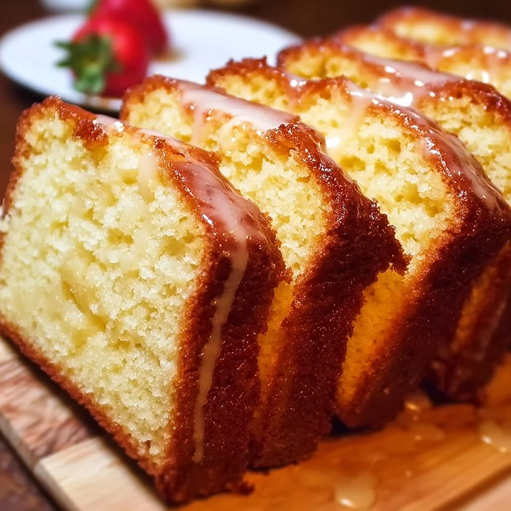 Delicious cream cheese pound cake served on a rustic wooden table