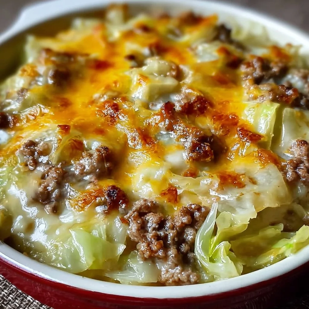 Creamed cabbage and ground beef casserole served in a dish