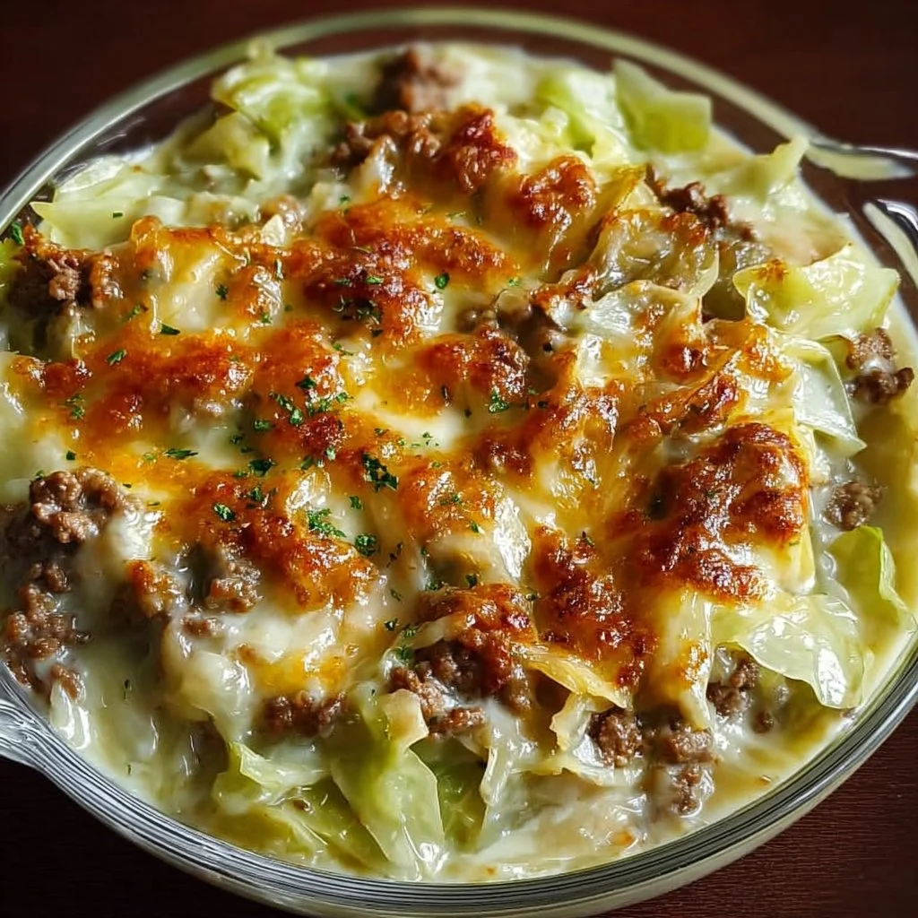 Creamed cabbage and ground beef casserole dish garnished and ready to serve