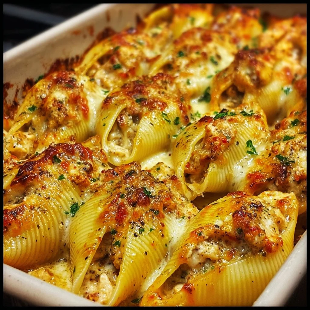 Creamy Cajun chicken stuffed shells served on a plate with garnish