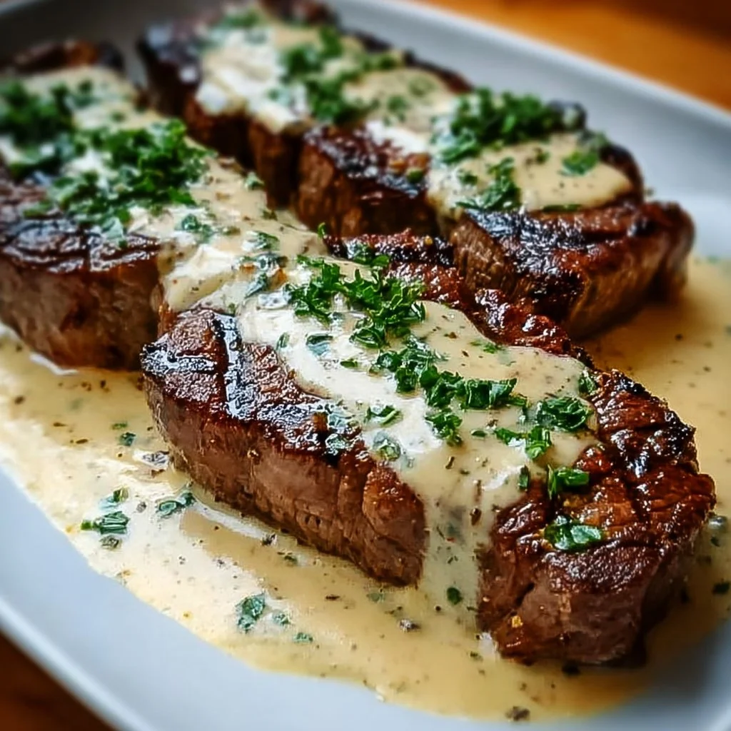 Creamy garlic sauce drizzled over a perfectly grilled steak on a plate.