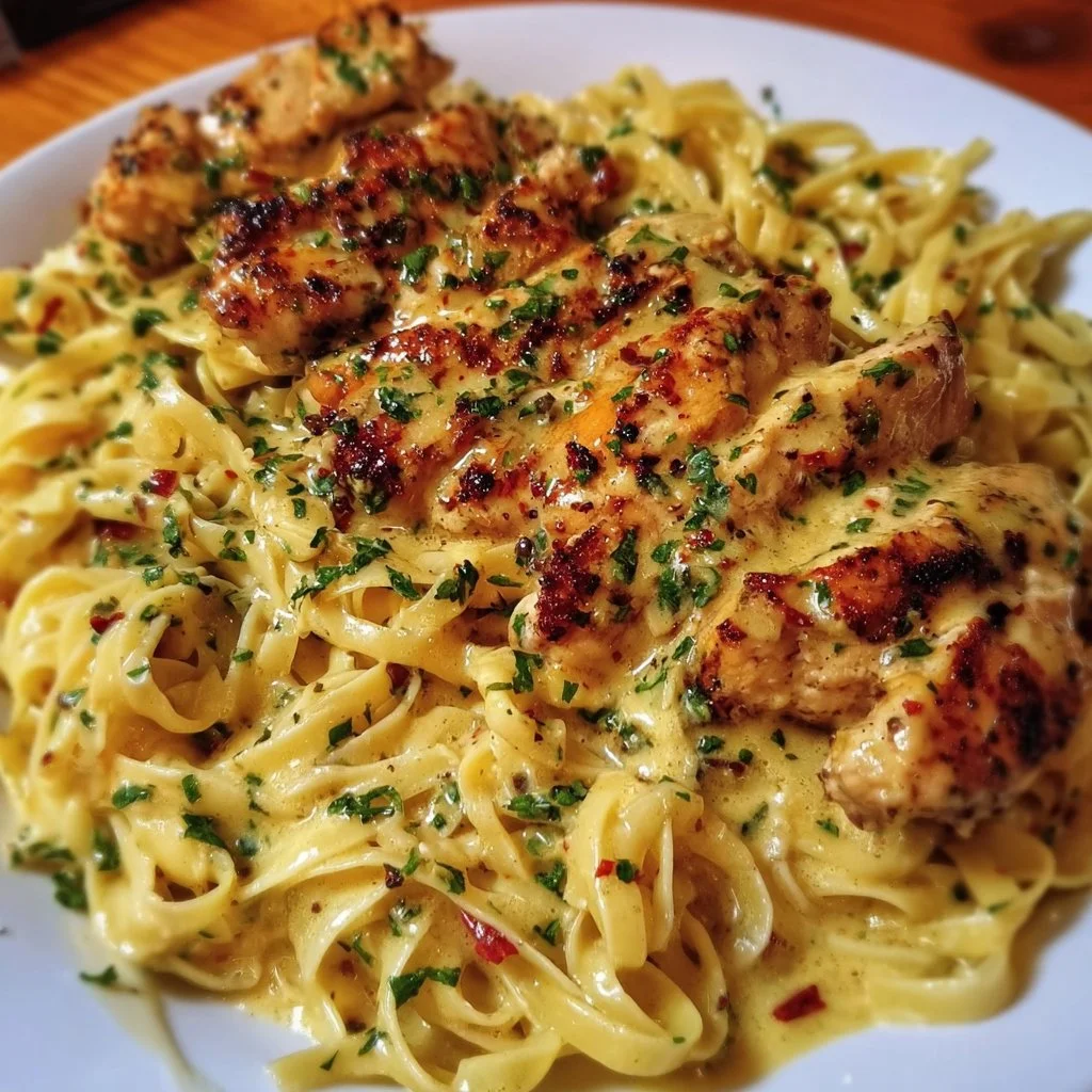 Creamy Mozzarella Chicken Linguine in garlic Cajun butter served in a bowl.