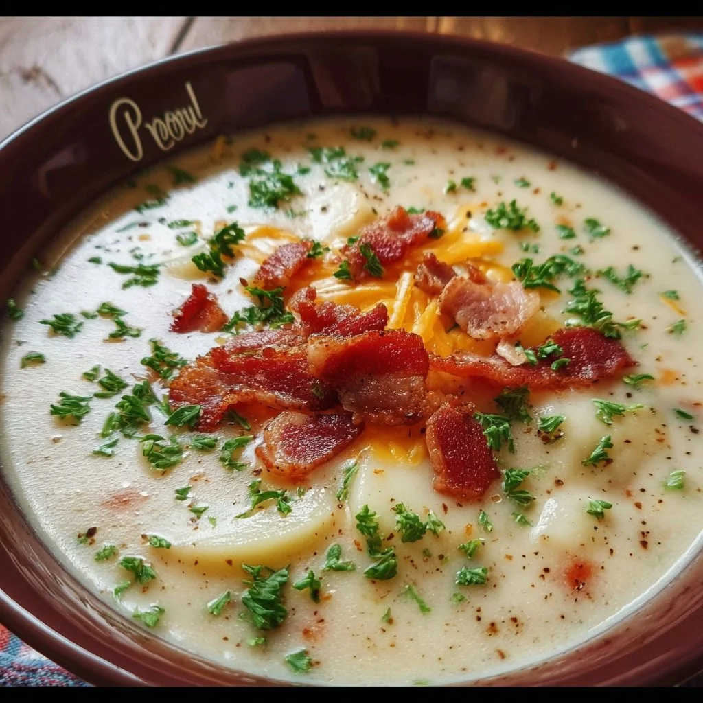 Bowl of creamy potato and bacon soup garnished with fresh herbs