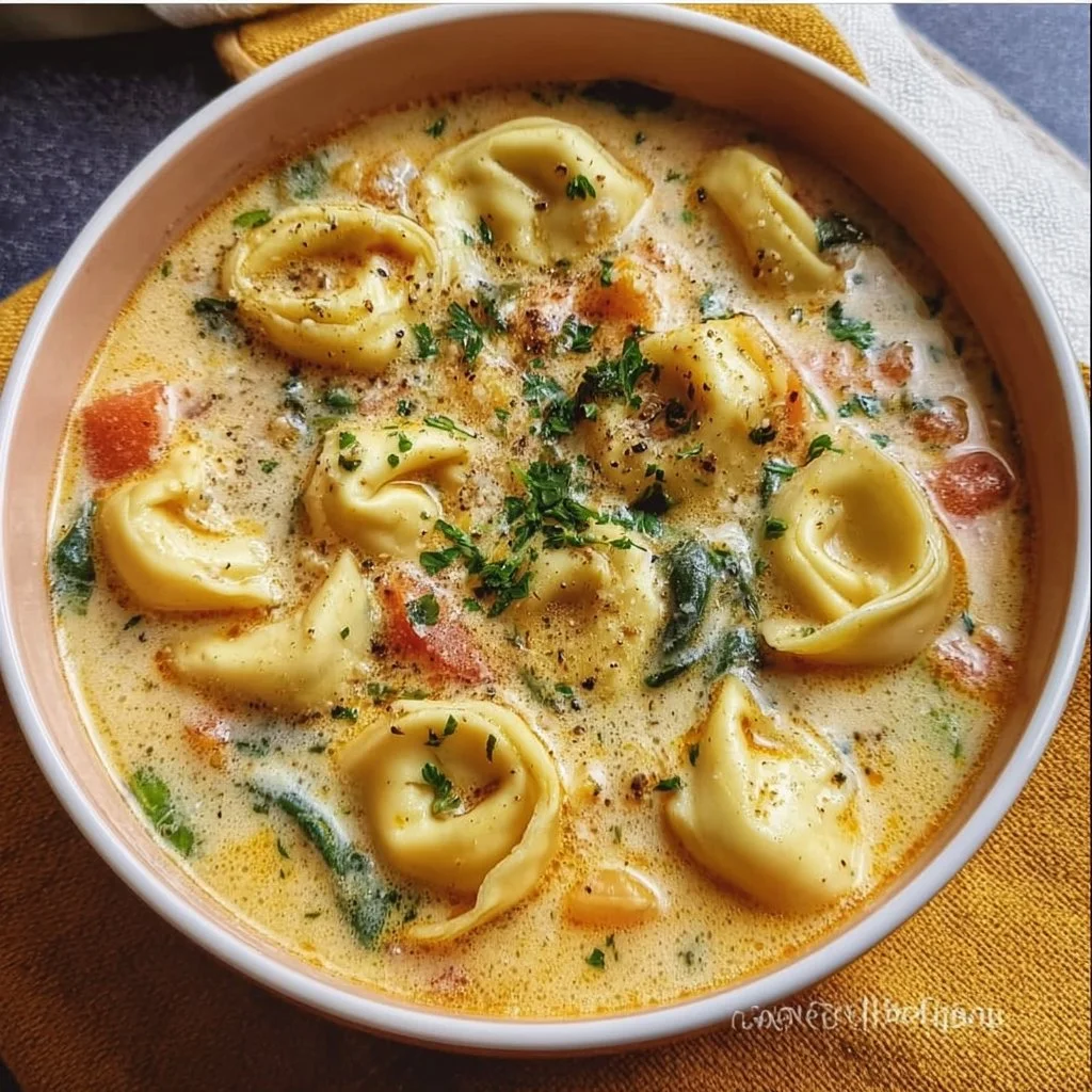 Bowl of creamy tortellini soup with herbs and vegetables