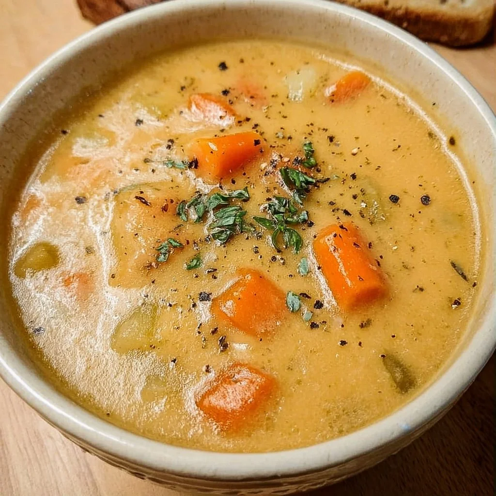 A bowl of creamy vegetable soup topped with fresh herbs and served with bread.