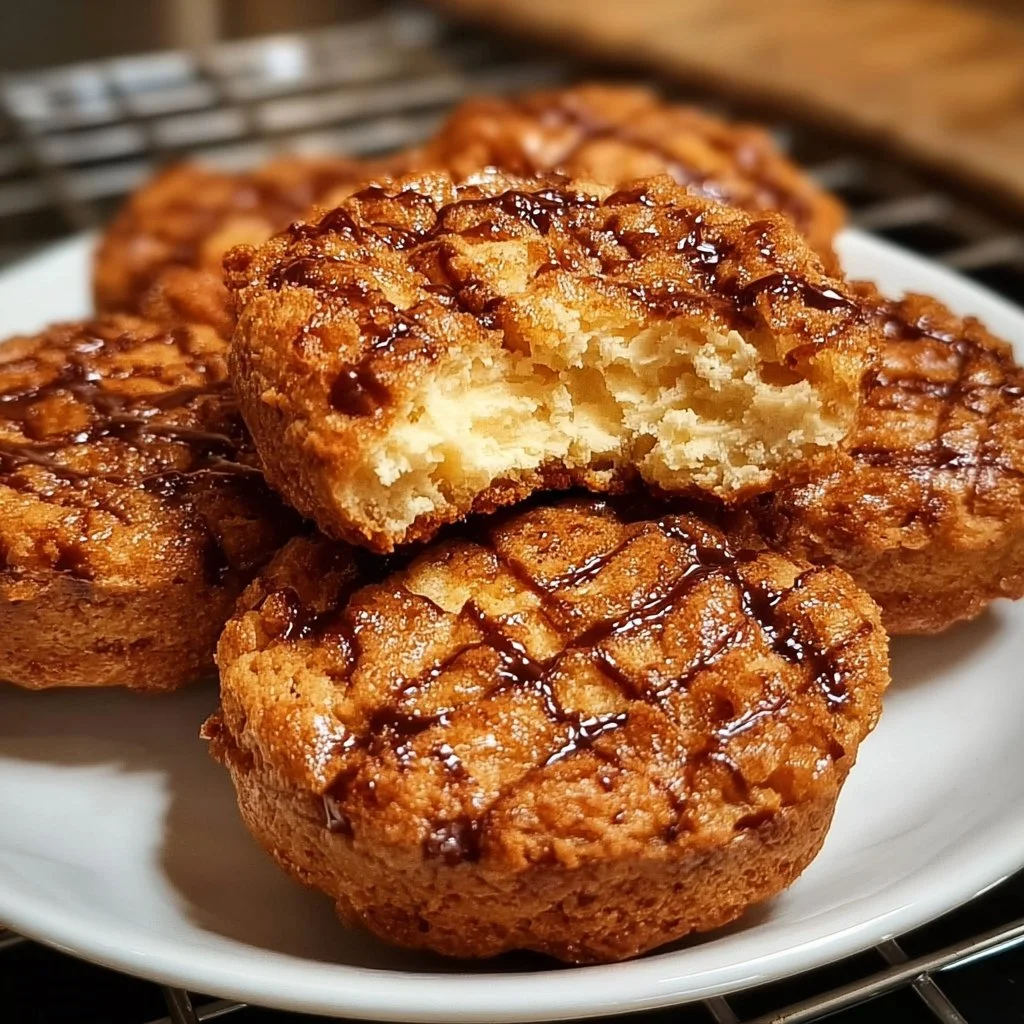 Crispy cheesecake cookie croffles on a plate, drizzled with chocolate sauce.
