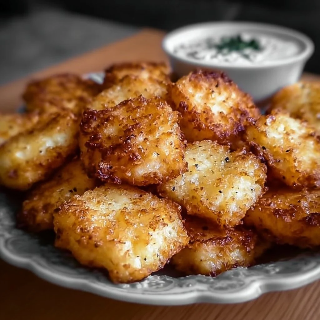 Plate of crispy cottage cheese treats garnished with herbs.
