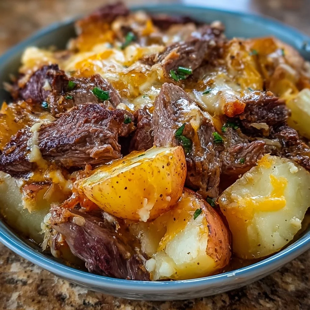 Crockpot Loaded Steak and Potato Bake served on a plate with fresh herbs