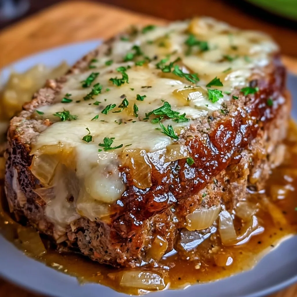 Delicious Crockpot Meatloaf with French onion and Swiss cheese served on a plate.