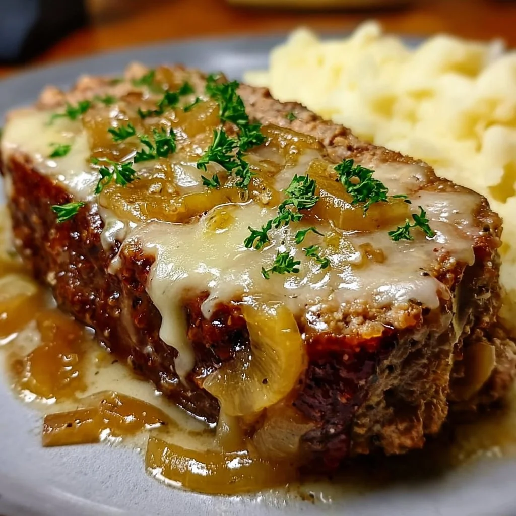 Crockpot Meatloaf with Savory Onion and Swiss Melt served on a plate