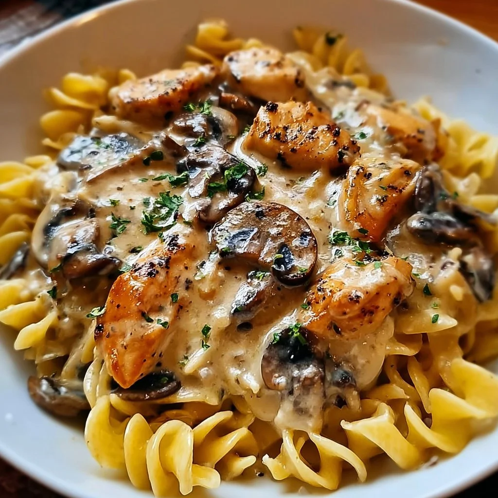 Decadent chicken pasta in creamy mushroom sauce served in a bowl