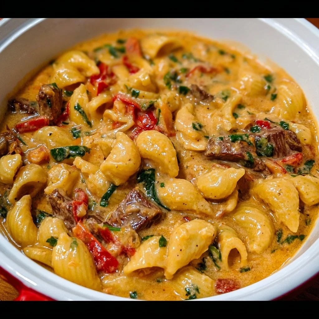 Delicious Philly Cheese Steak Pasta served in a bowl with fresh toppings