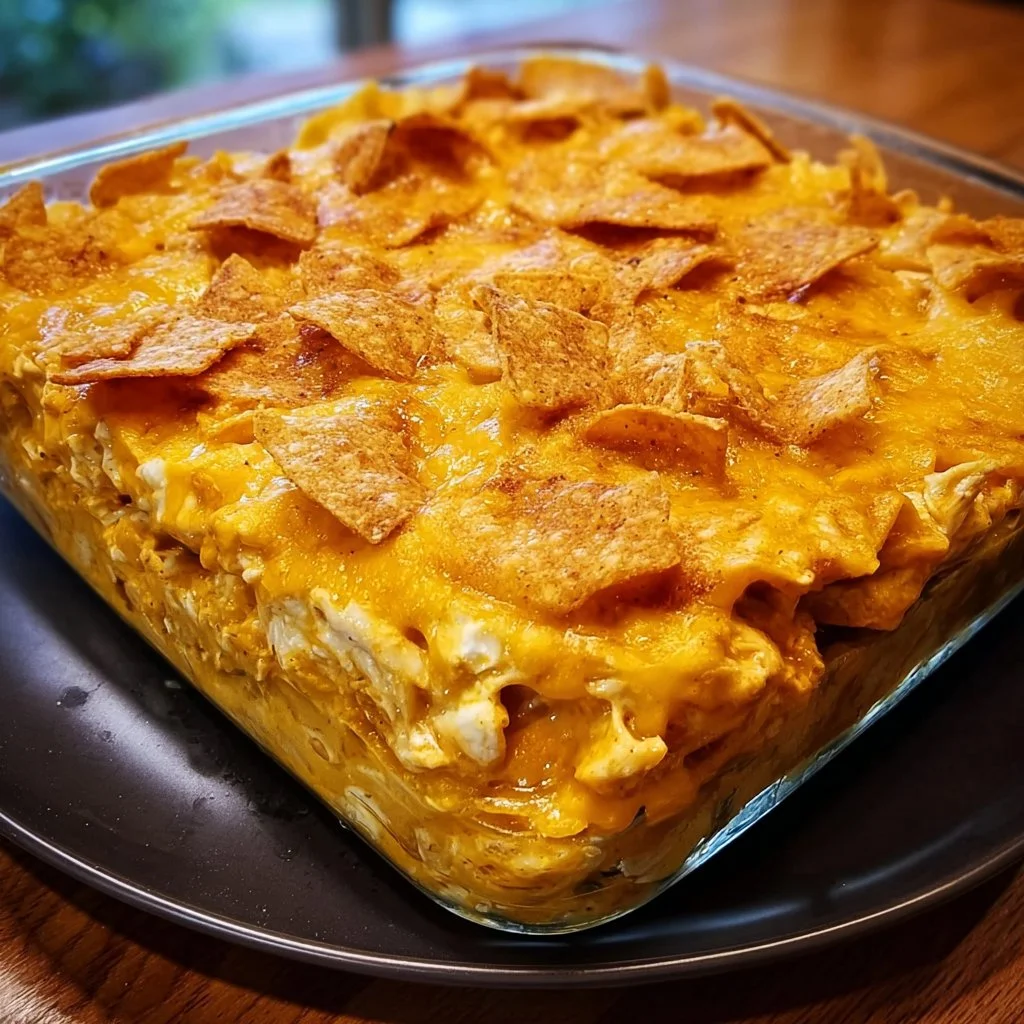 Delicious Doritos Cheesy Chicken Casserole topped with melted cheese and crunchy chips