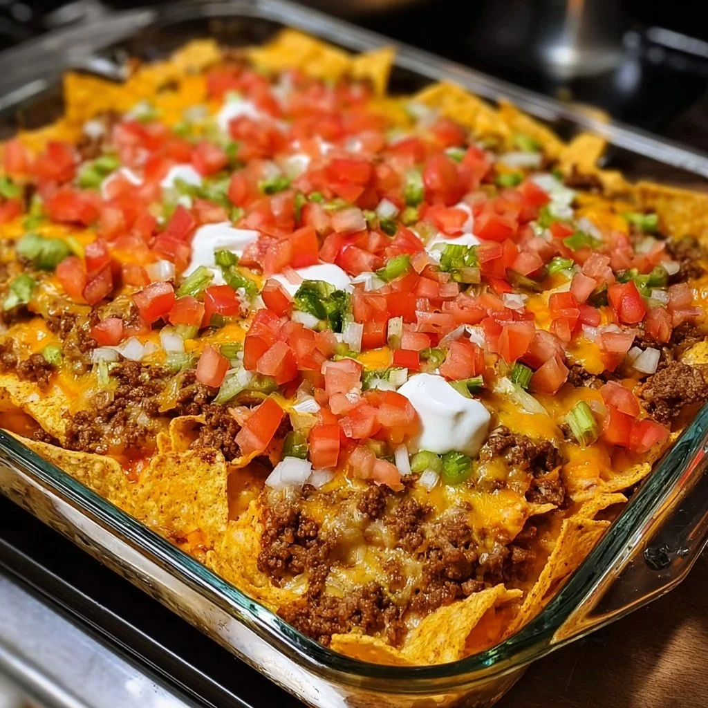 Delicious Doritos Taco Casserole Bake topped with melted cheese and fresh toppings