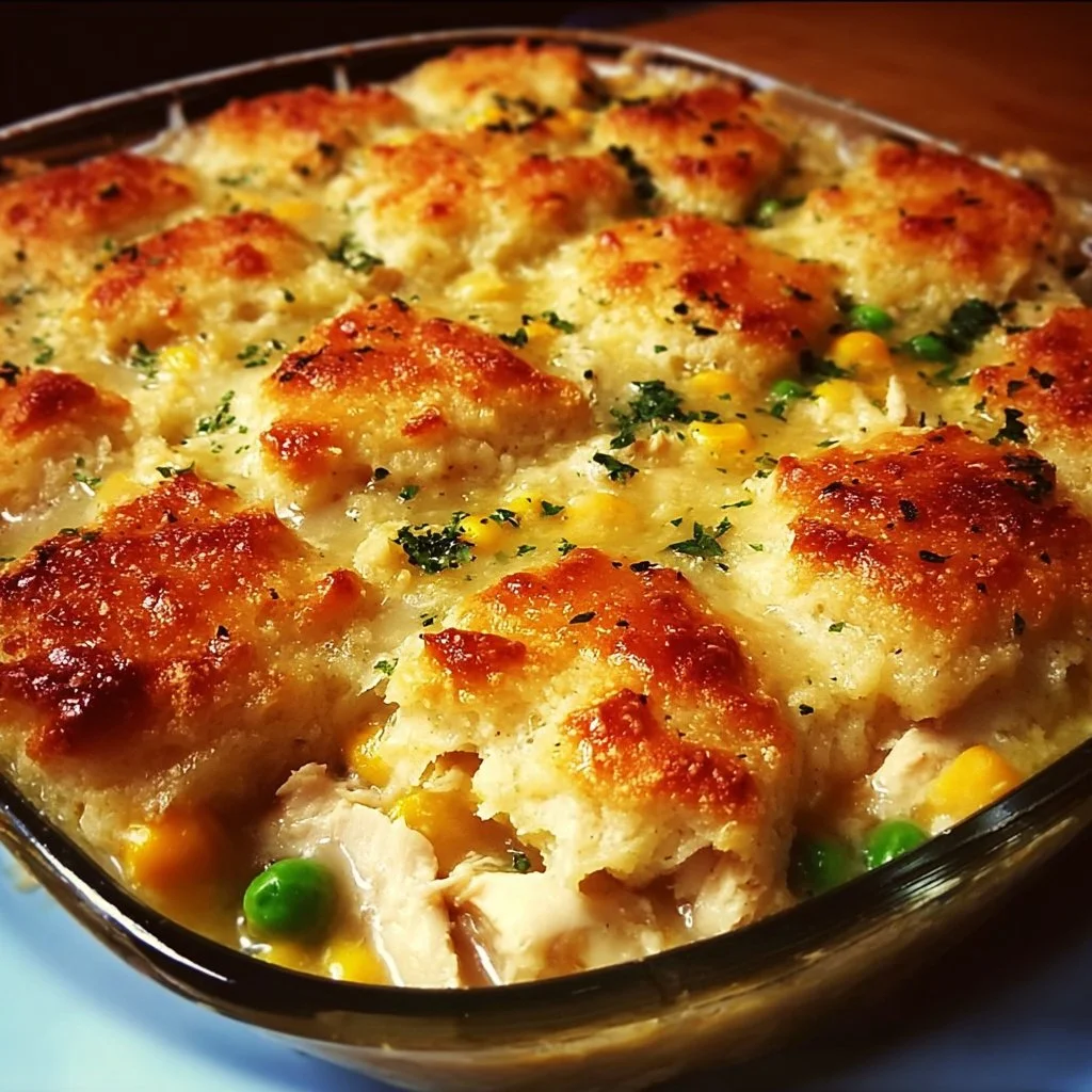 Delicious Easy Chicken Cobbler Dinner Casserole served in a baking dish