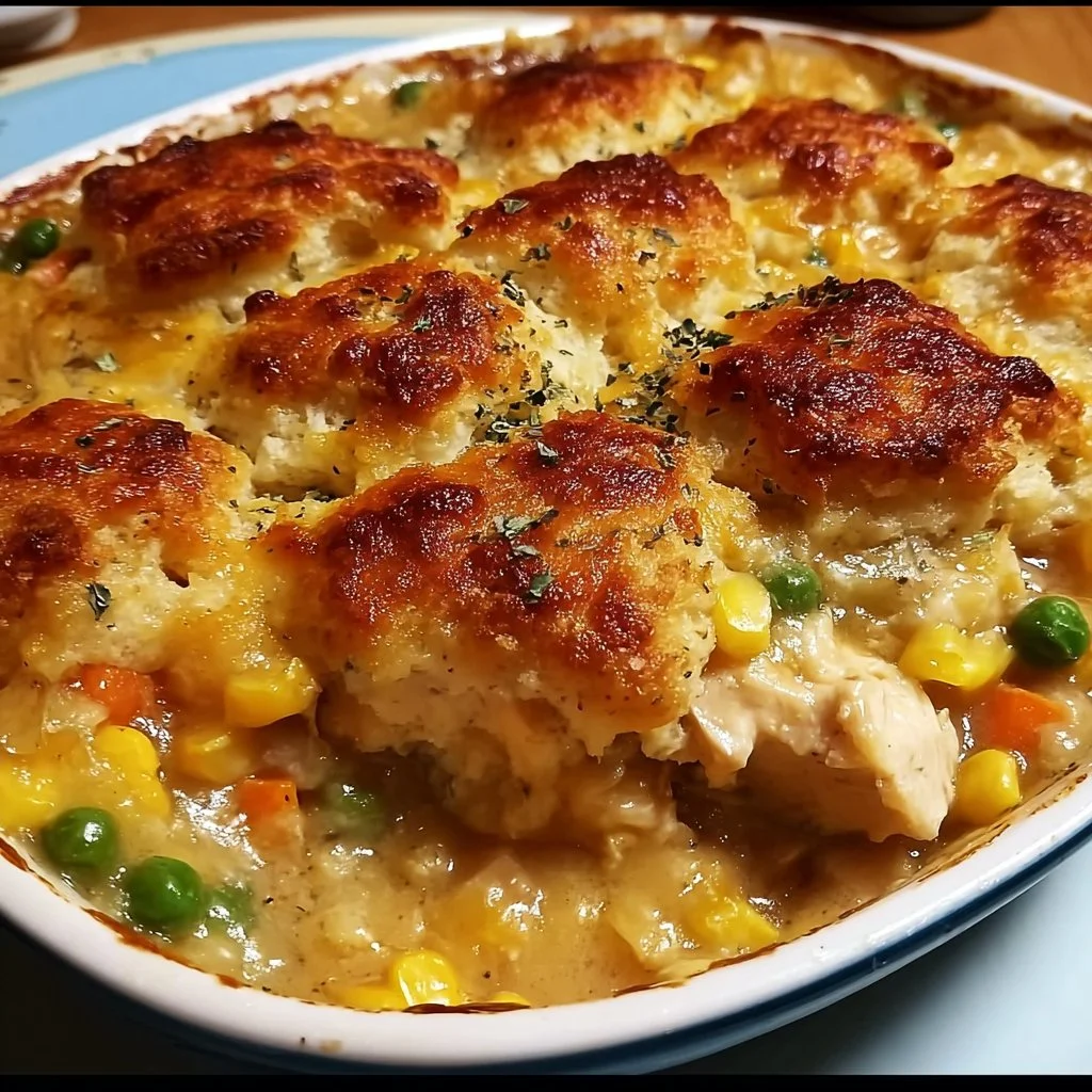 Delicious easy chicken cobbler dinner casserole fresh out of the oven