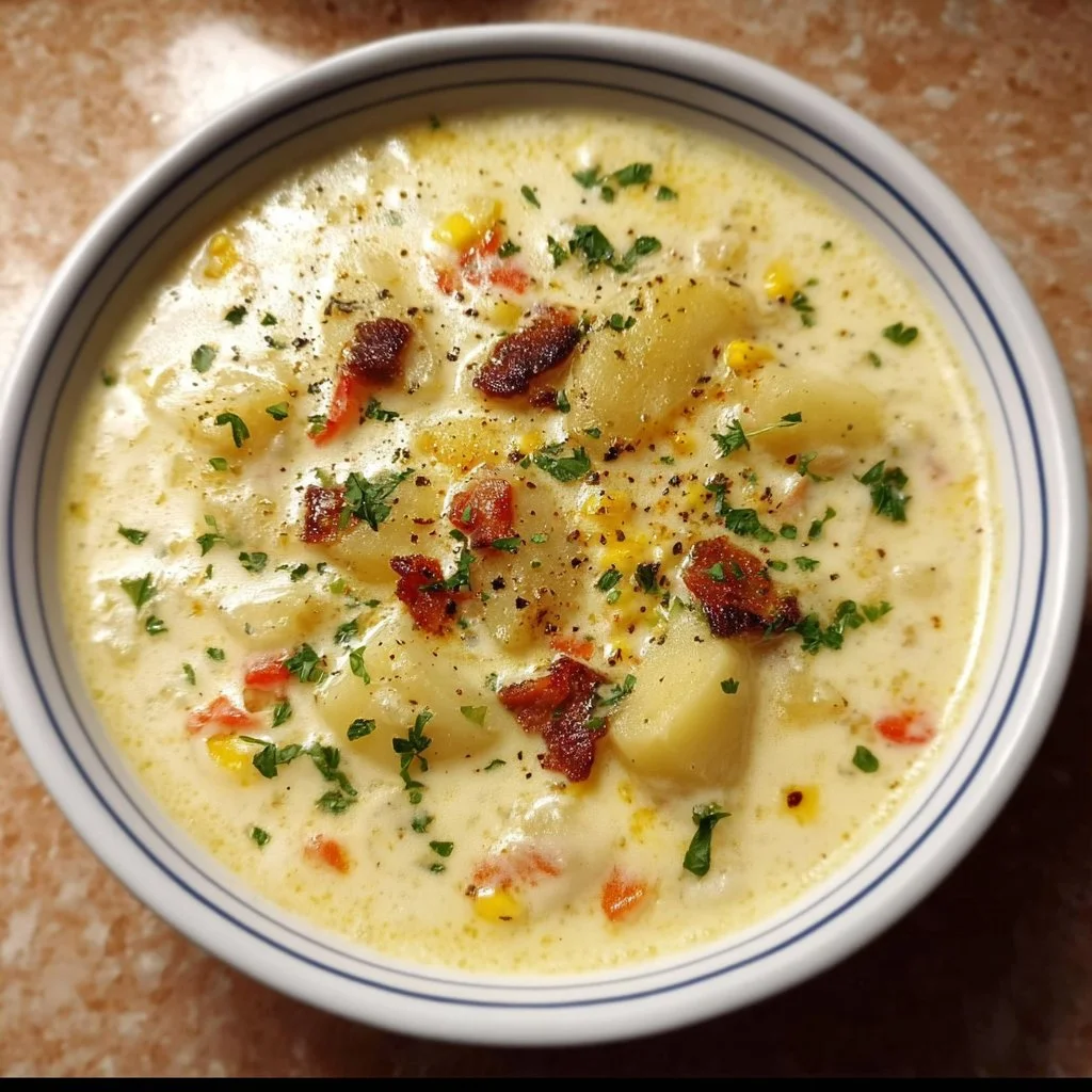 Bowl of easy potato chowder soup with toppings, ready to serve.