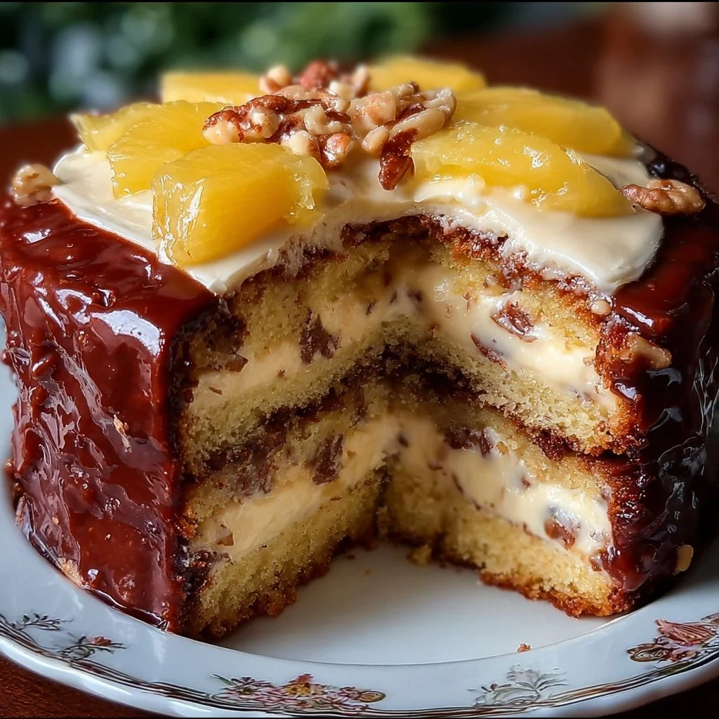 Delicious Elvis Presley Cake with layers of pineapple and cream cheese frosting.