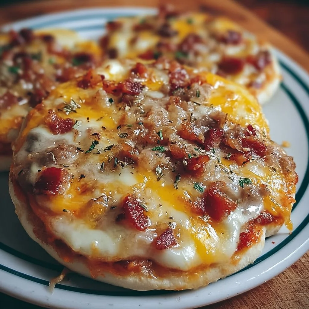 Delicious English muffin breakfast pizza topped with eggs, cheese, and vegetables.
