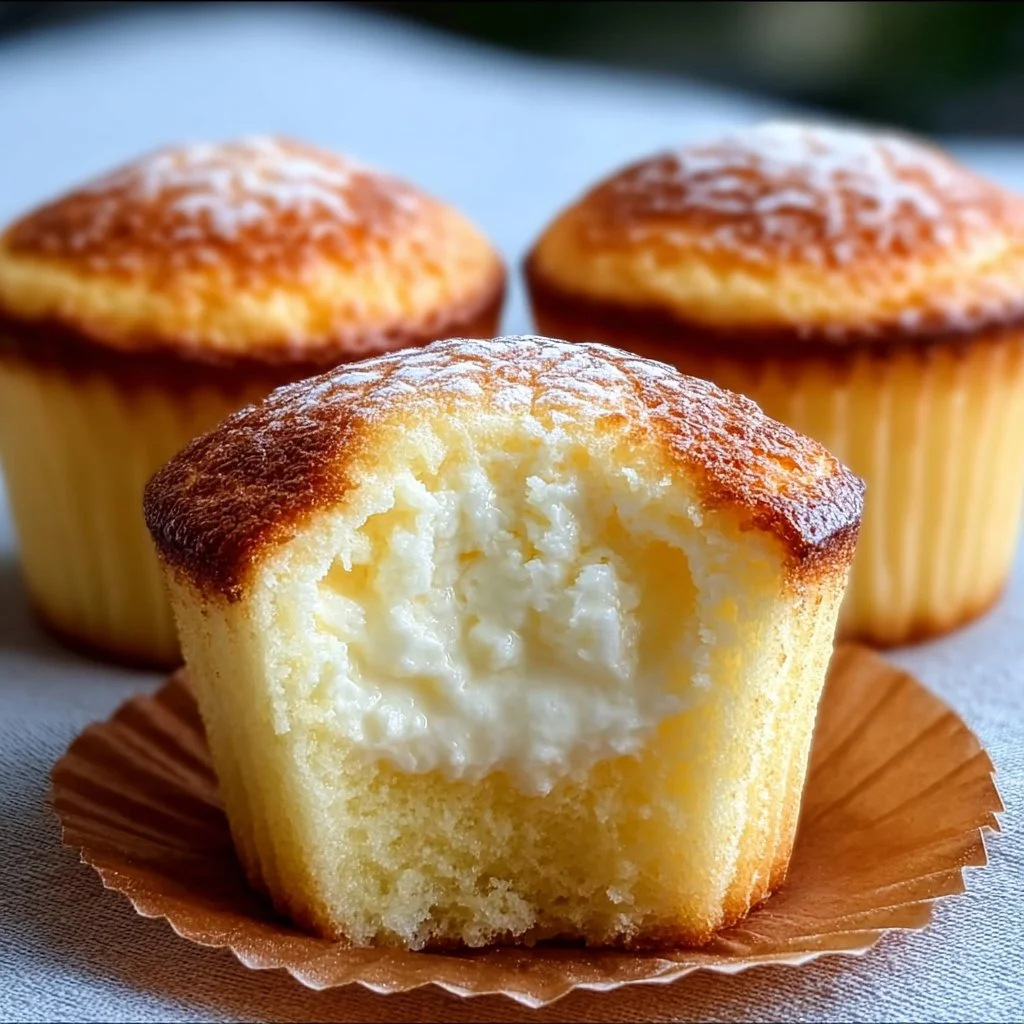 Fluffy Japanese Cotton Cheesecake cupcakes topped with whipped cream and fruit