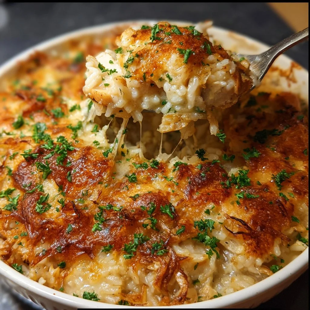 French Onion Chicken Rice Casserole with melted cheese and crispy onions