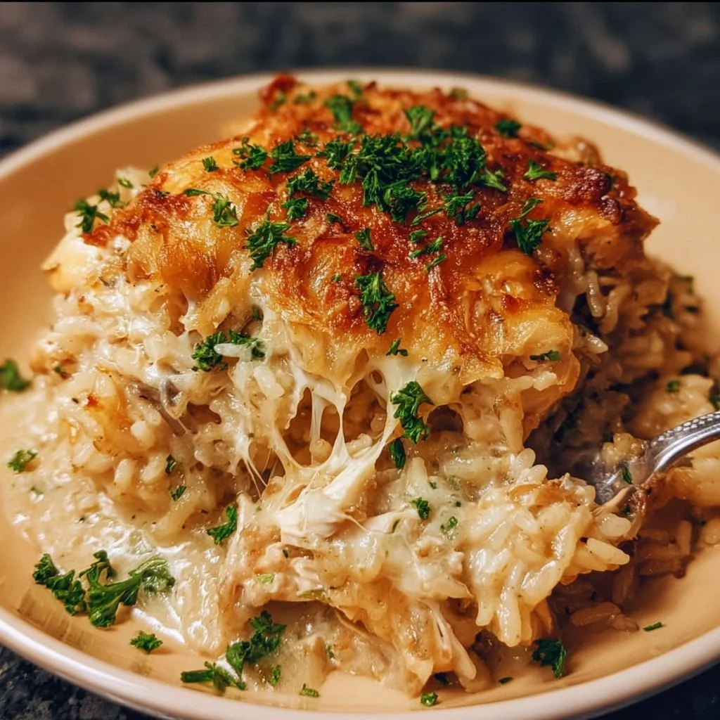 French onion chicken rice casserole topped with melted cheese and herbs.