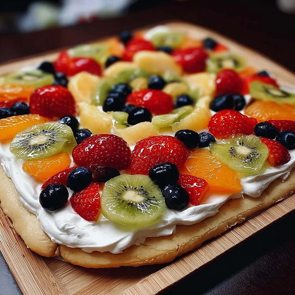 Colorful fruit pizza topped with fresh fruits and creamy frosting on a cookie base.