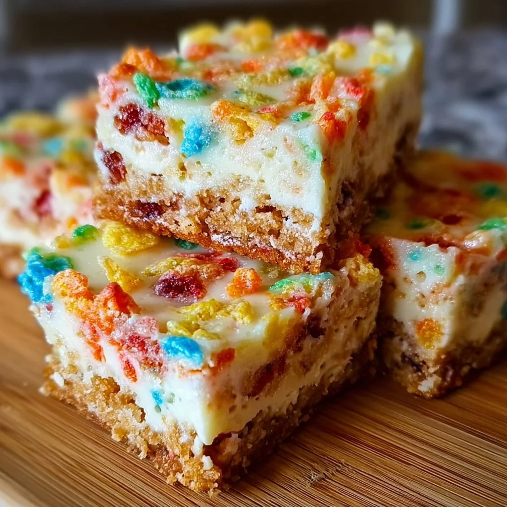 Fruity Pebbles Cookie Cheesecake Bars with colorful cereal on top