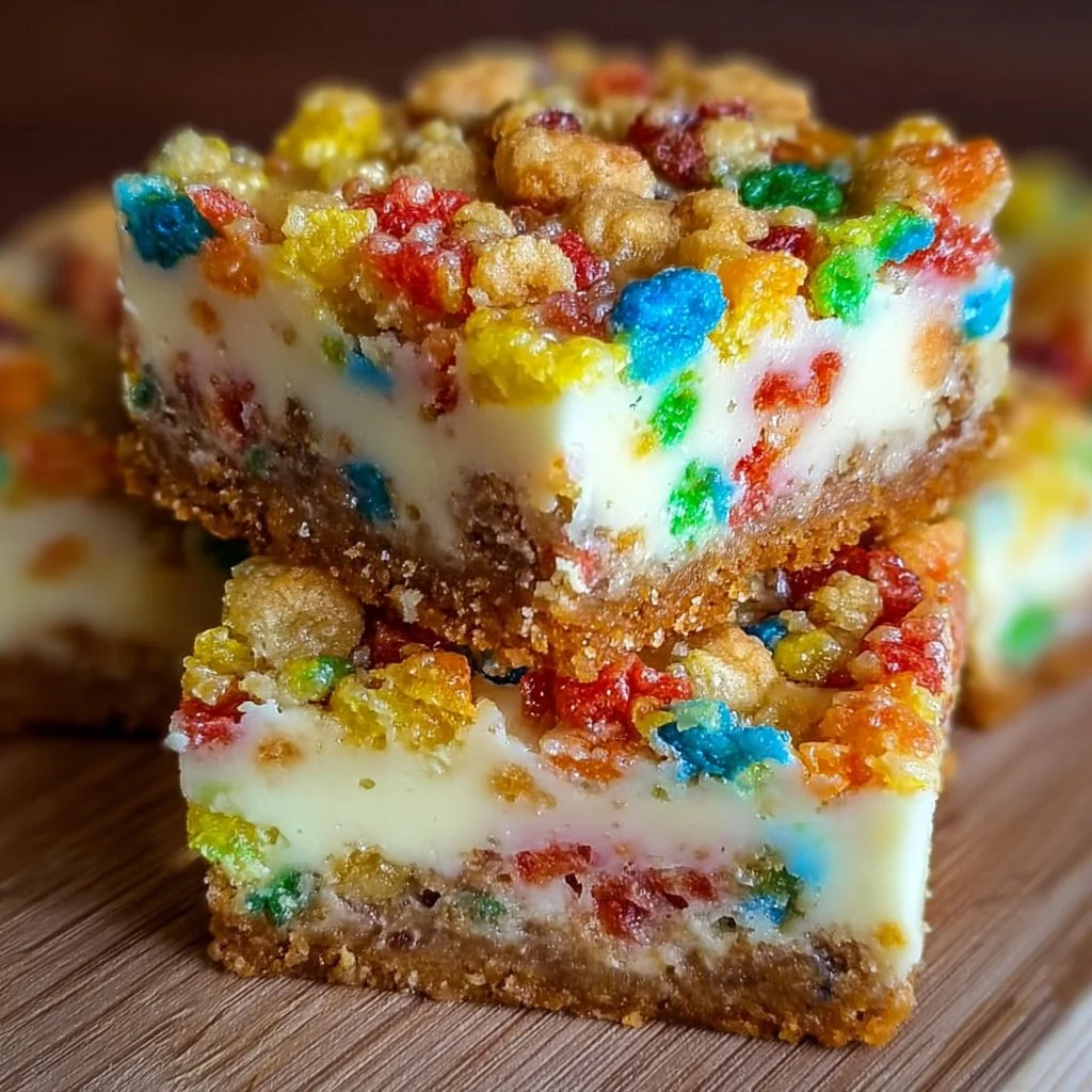 Fruity Pebbles Cheesecake Bars with colorful cereal topping