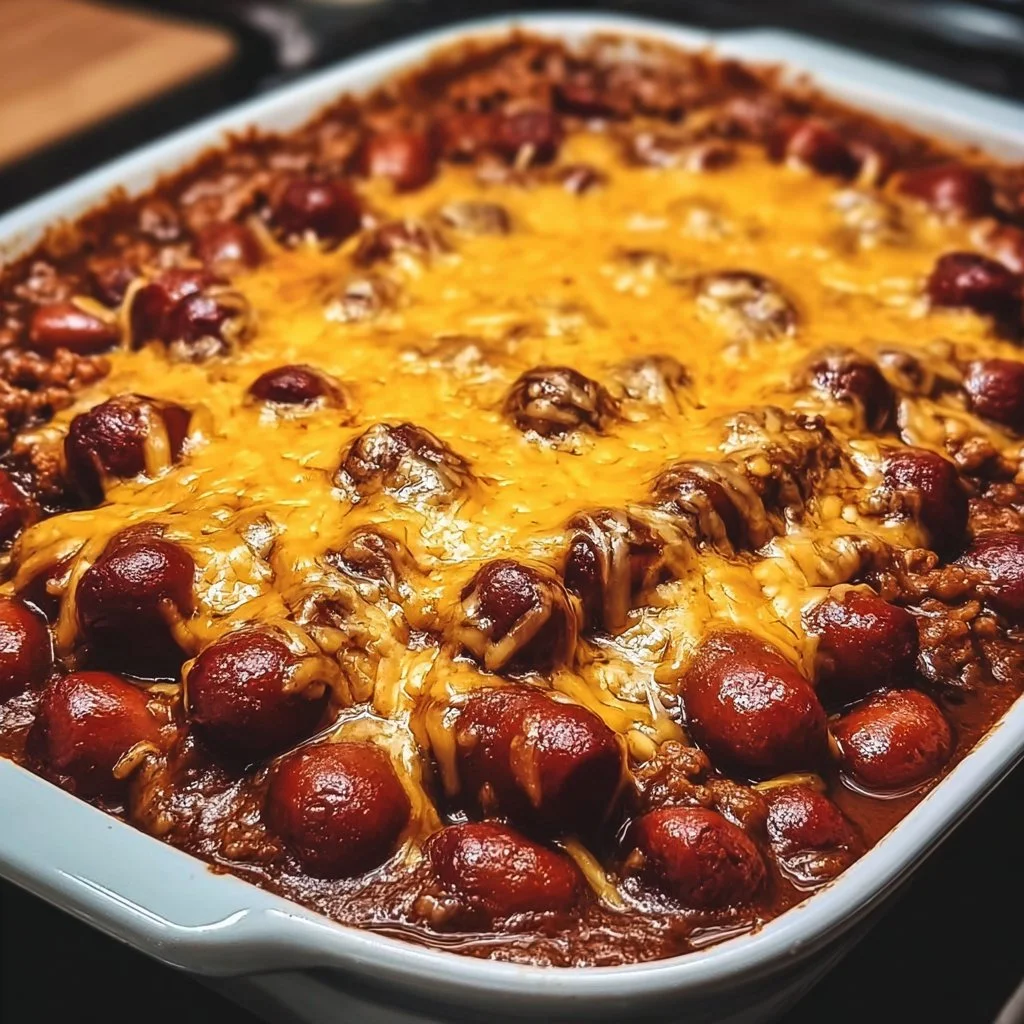 Delicious Fully Loaded Classic Chili Cheese Dog Casserole in a serving dish
