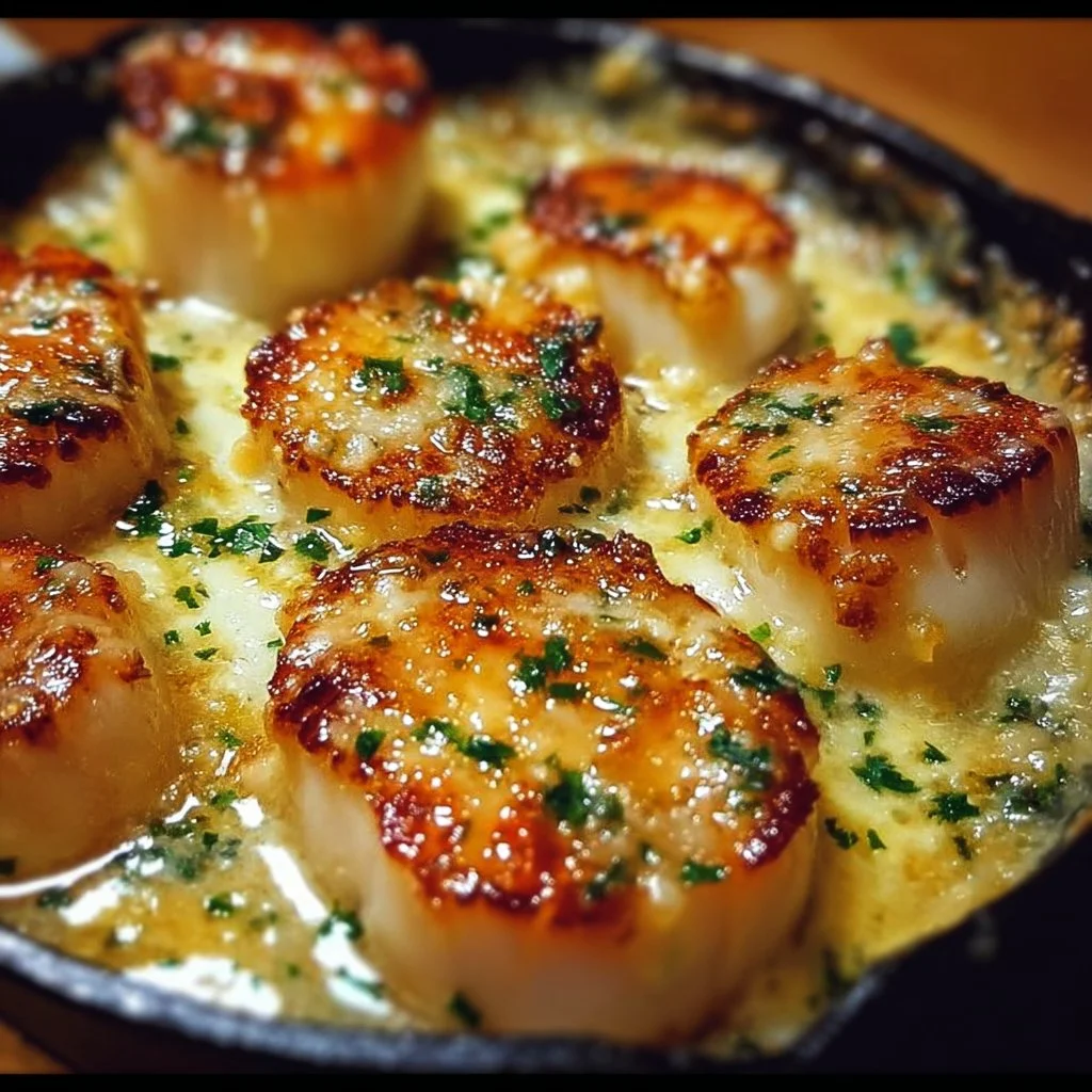 Delicious garlic butter baked scallops served on a plate