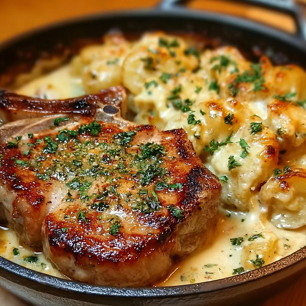 Garlic Butter Pork Chops with Cheesy Potato Bake dish on a plate