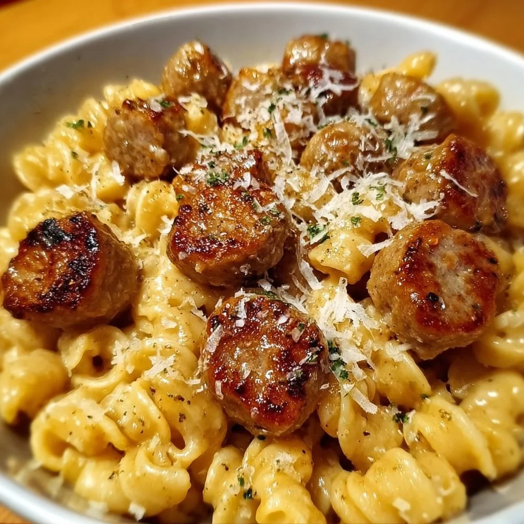 Garlic butter sausage bites served with creamy parmesan pasta on a plate.