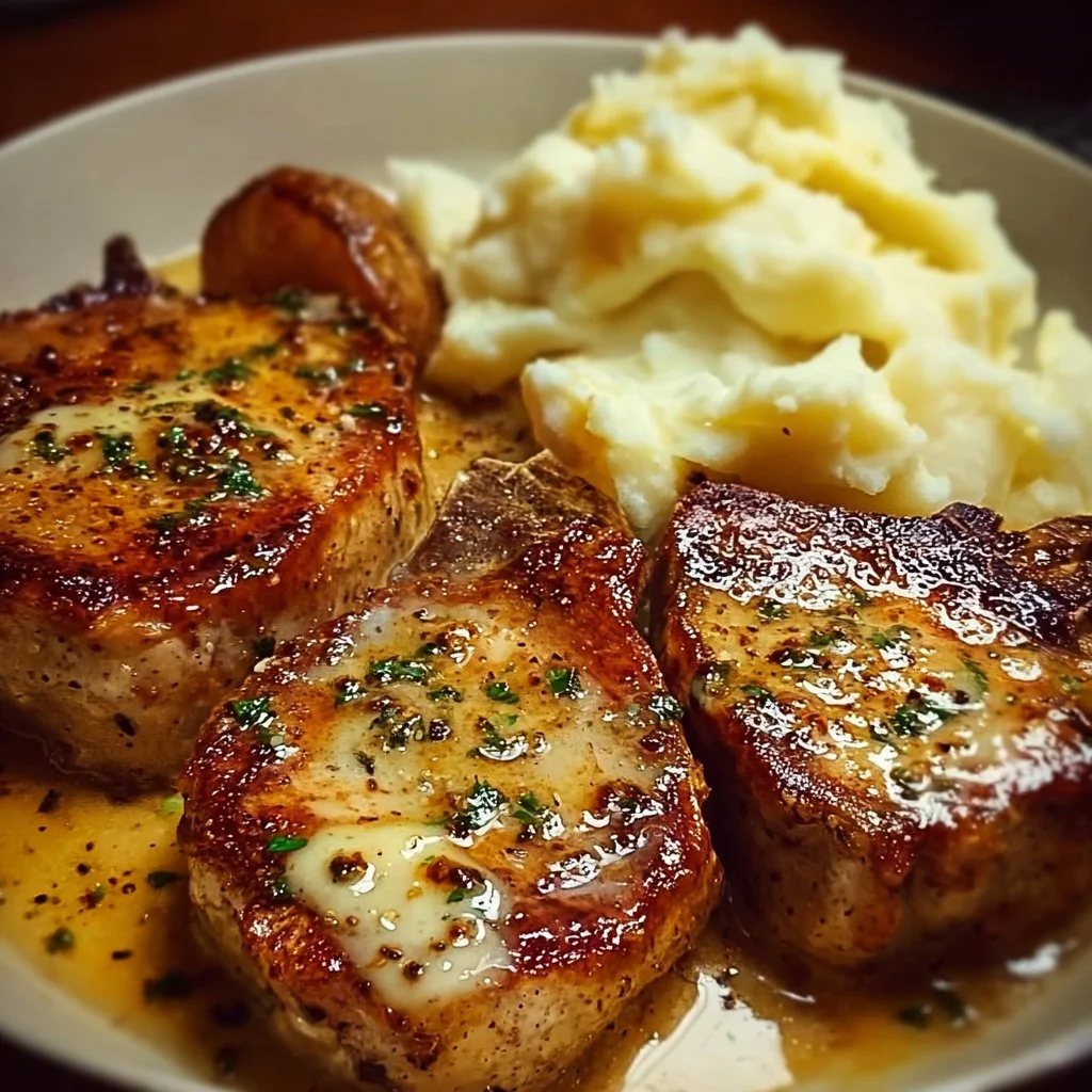 Garlic butter pork chops served with creamy mashed potatoes on a plate.