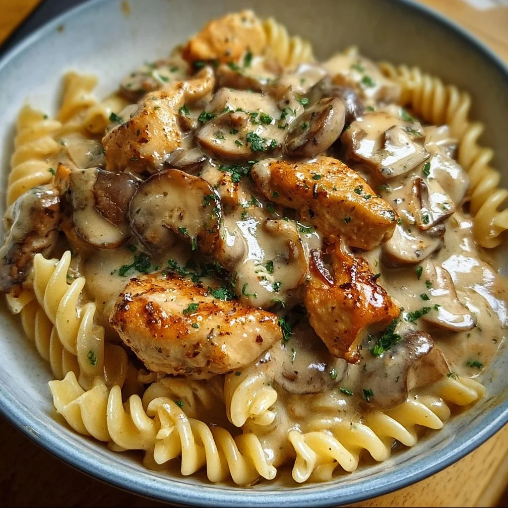 Creamy pasta with Garlic Chicken and Mushrooms garnished with herbs