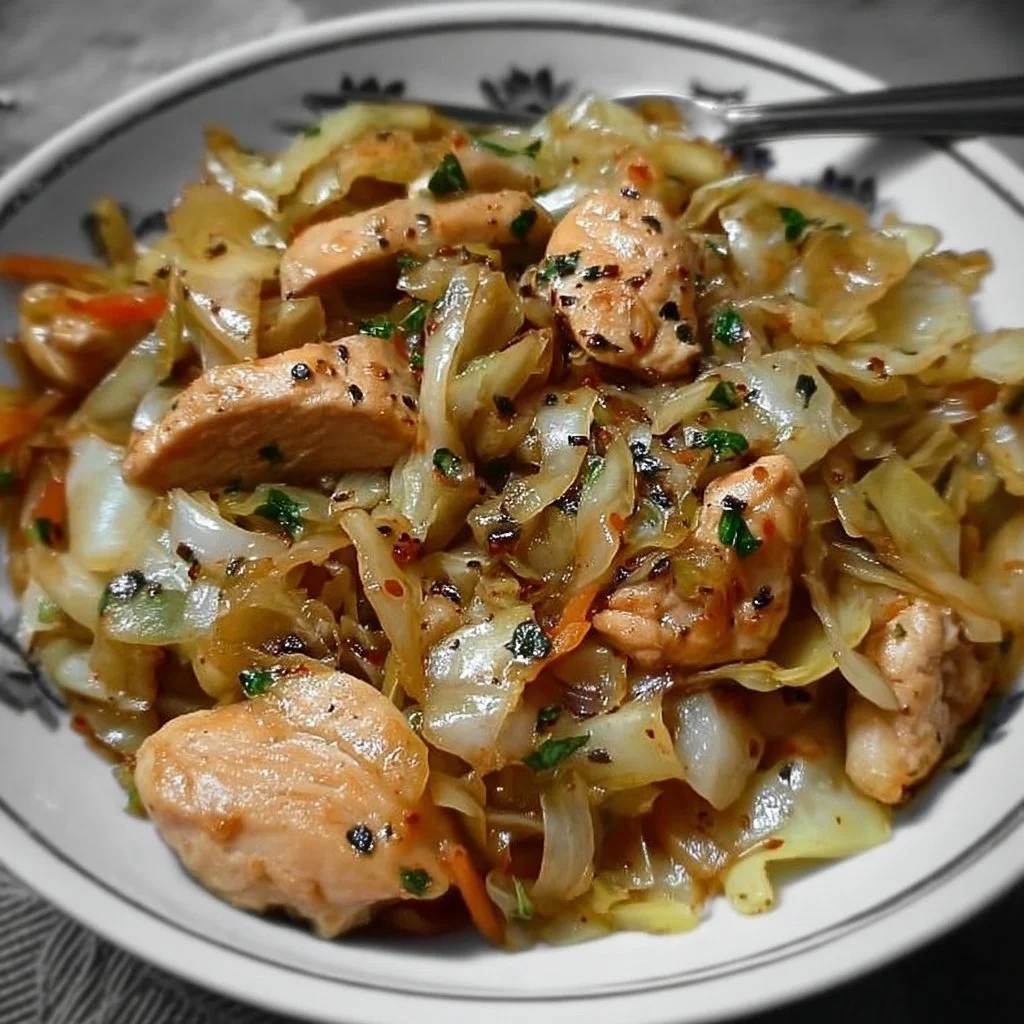 Garlic-Sautéed Cabbage with Chicken served on a plate