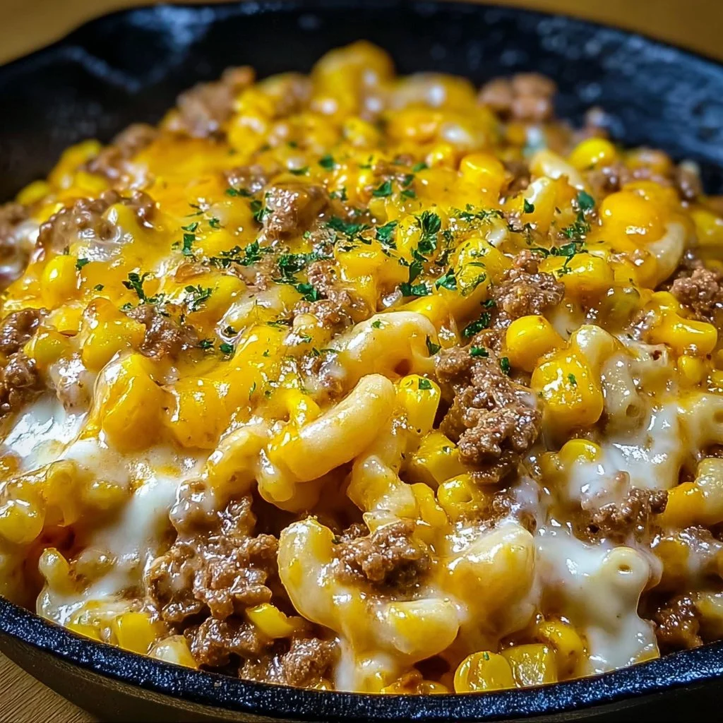 Golden Corn Ranch Beef Skillet topped with melted cheddar cheese