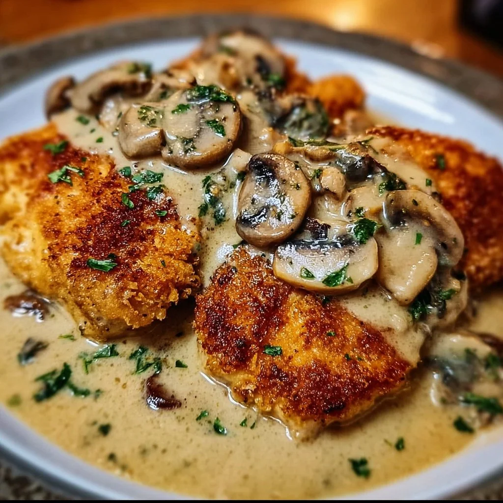Golden crispy chicken served with a creamy Parmesan mushroom sauce