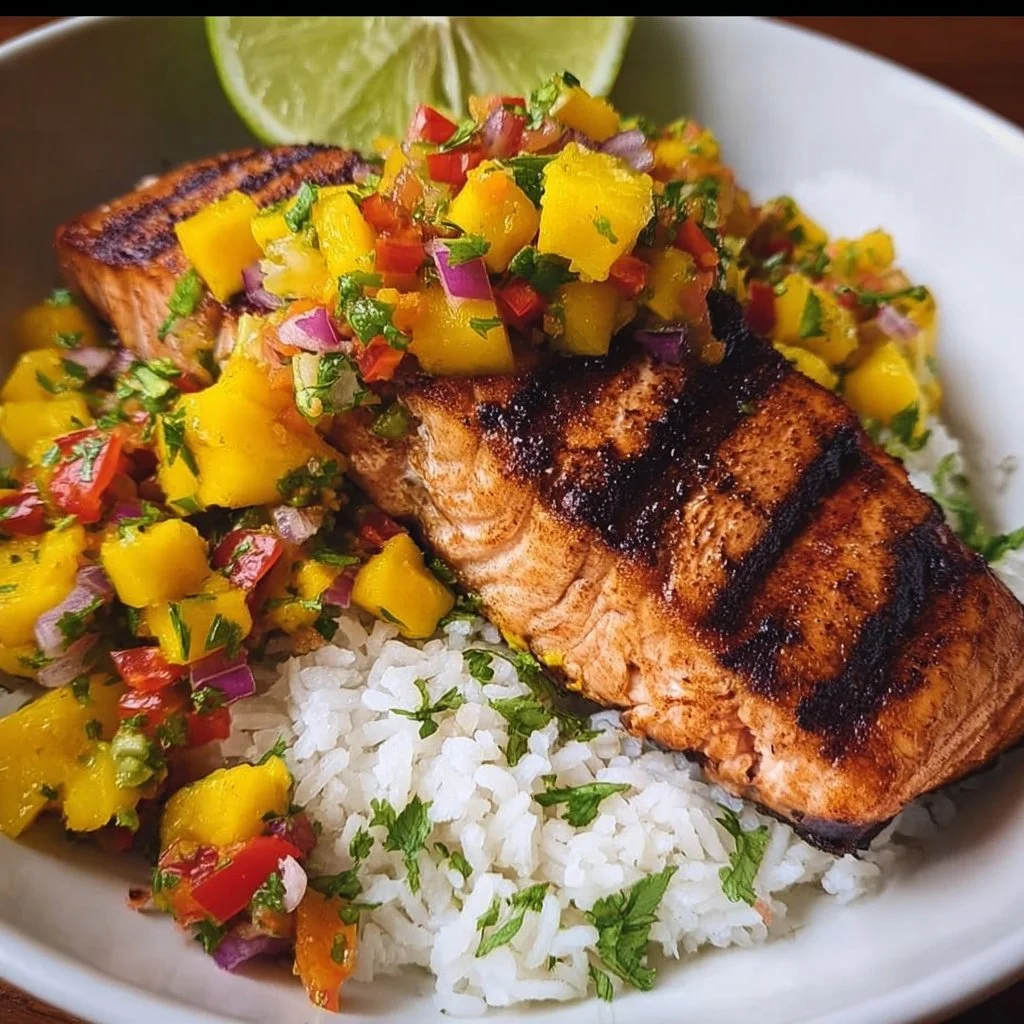 Delicious grilled salmon with mango salsa and coconut rice on a plate.