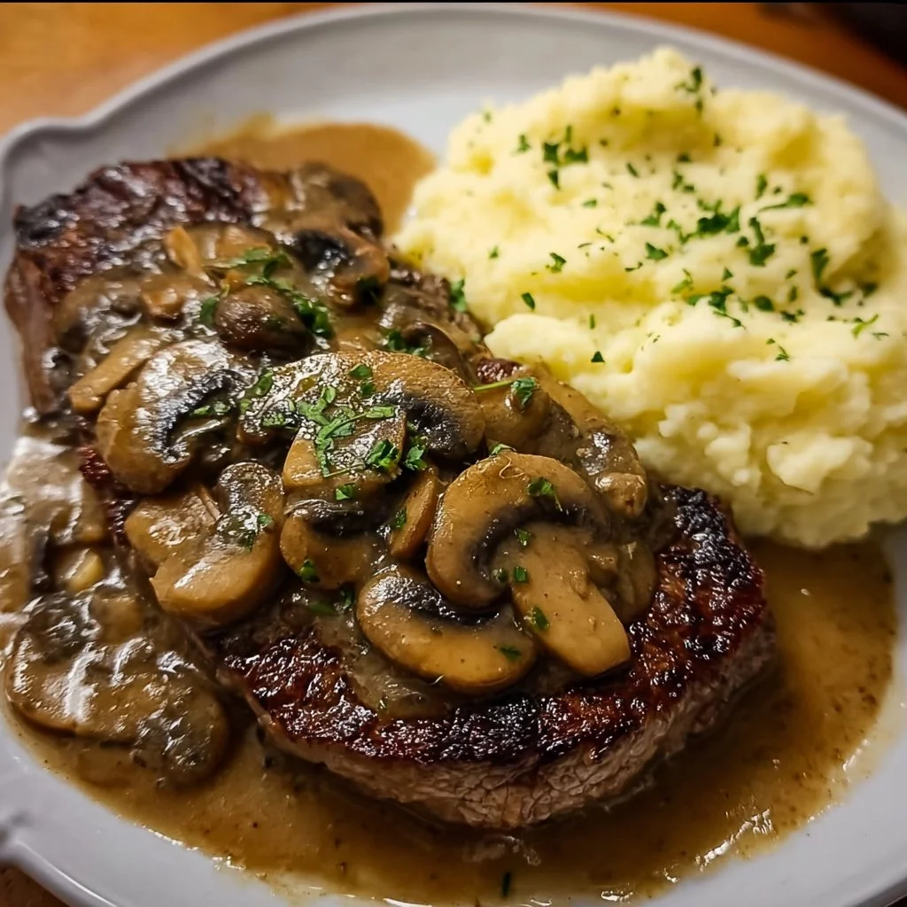Grilled steak served with savory mushroom sauce and creamy mashed potatoes.