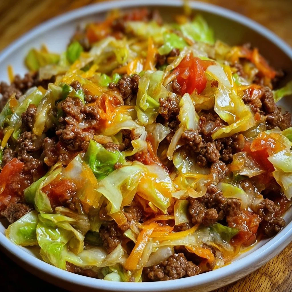 Ground Beef Taco Cabbage Skillet in a frying pan