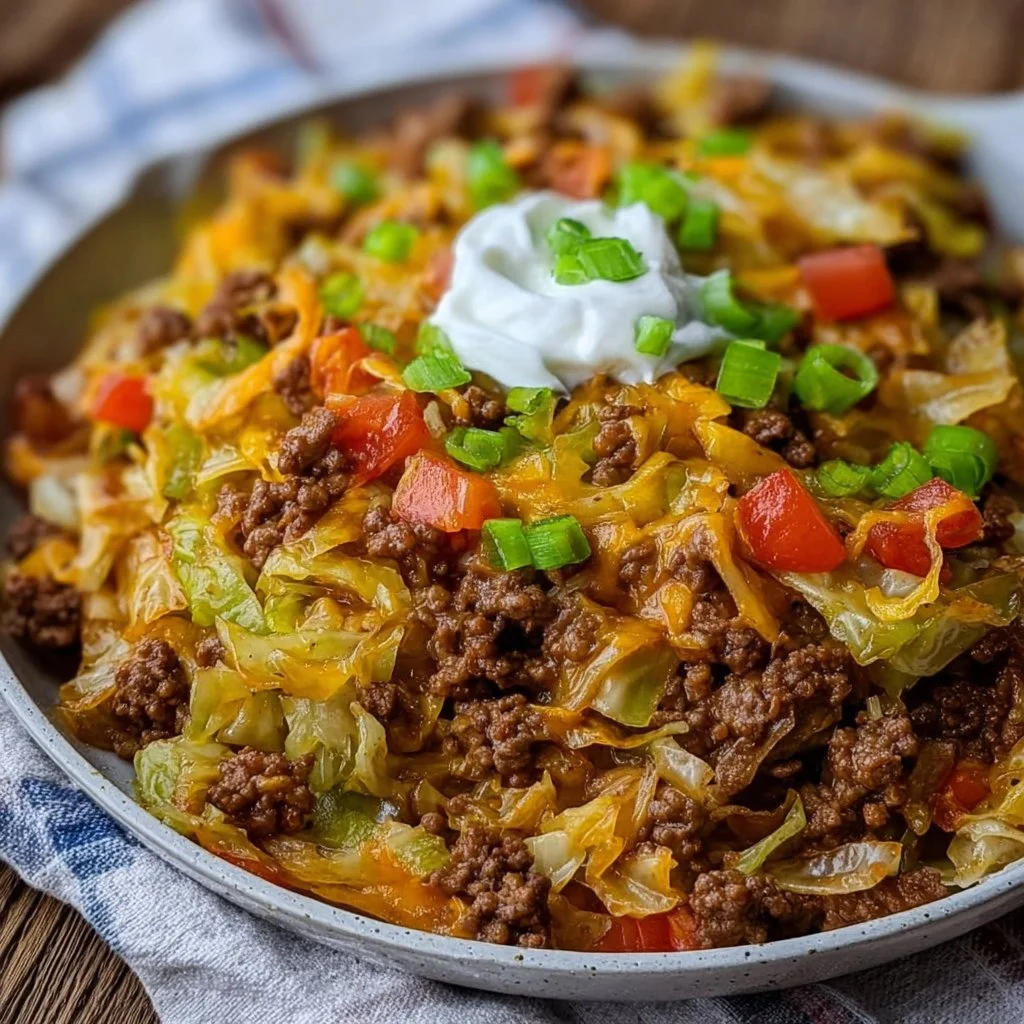 Ground beef taco cabbage skillet dish ready to serve with toppings