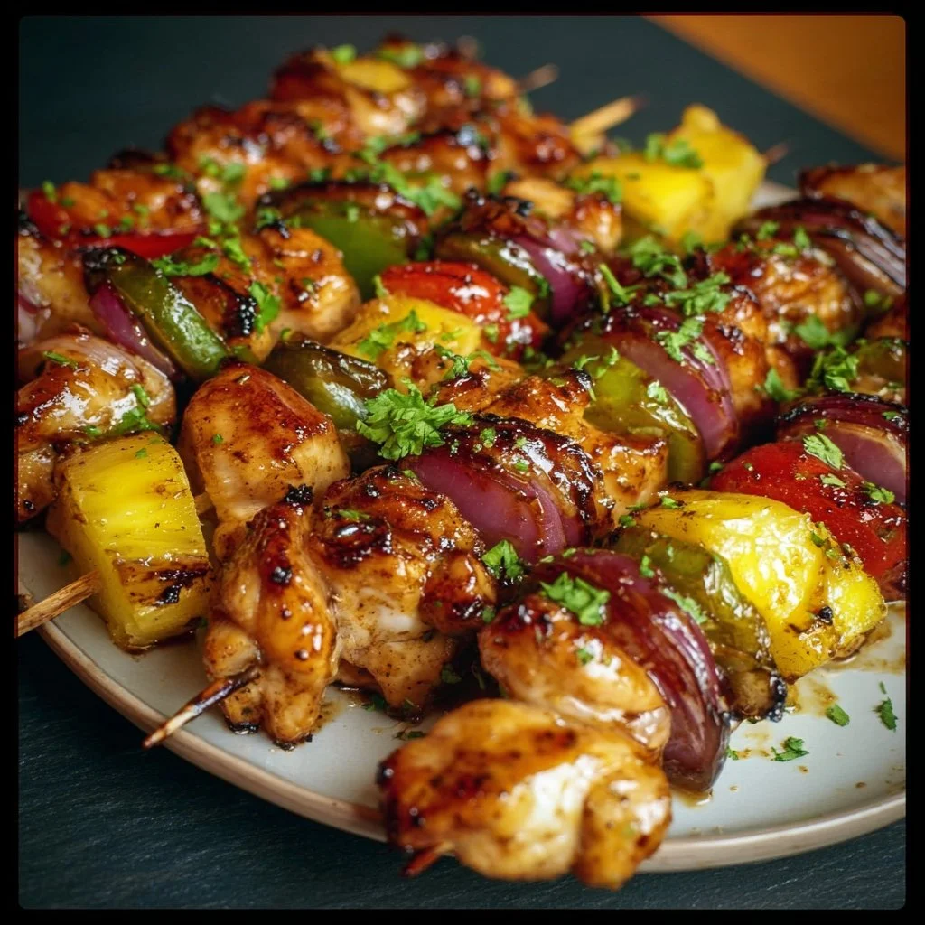 Delicious Hawaiian Chicken Kebabs with tropical ingredients on skewers